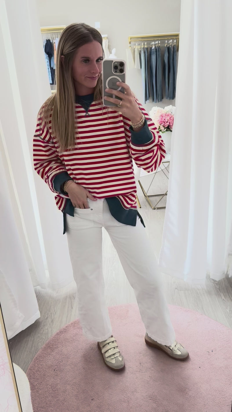 Riley Red and White Striped Crewneck Top – soft boutique pullover ideal for game day and weekend style.