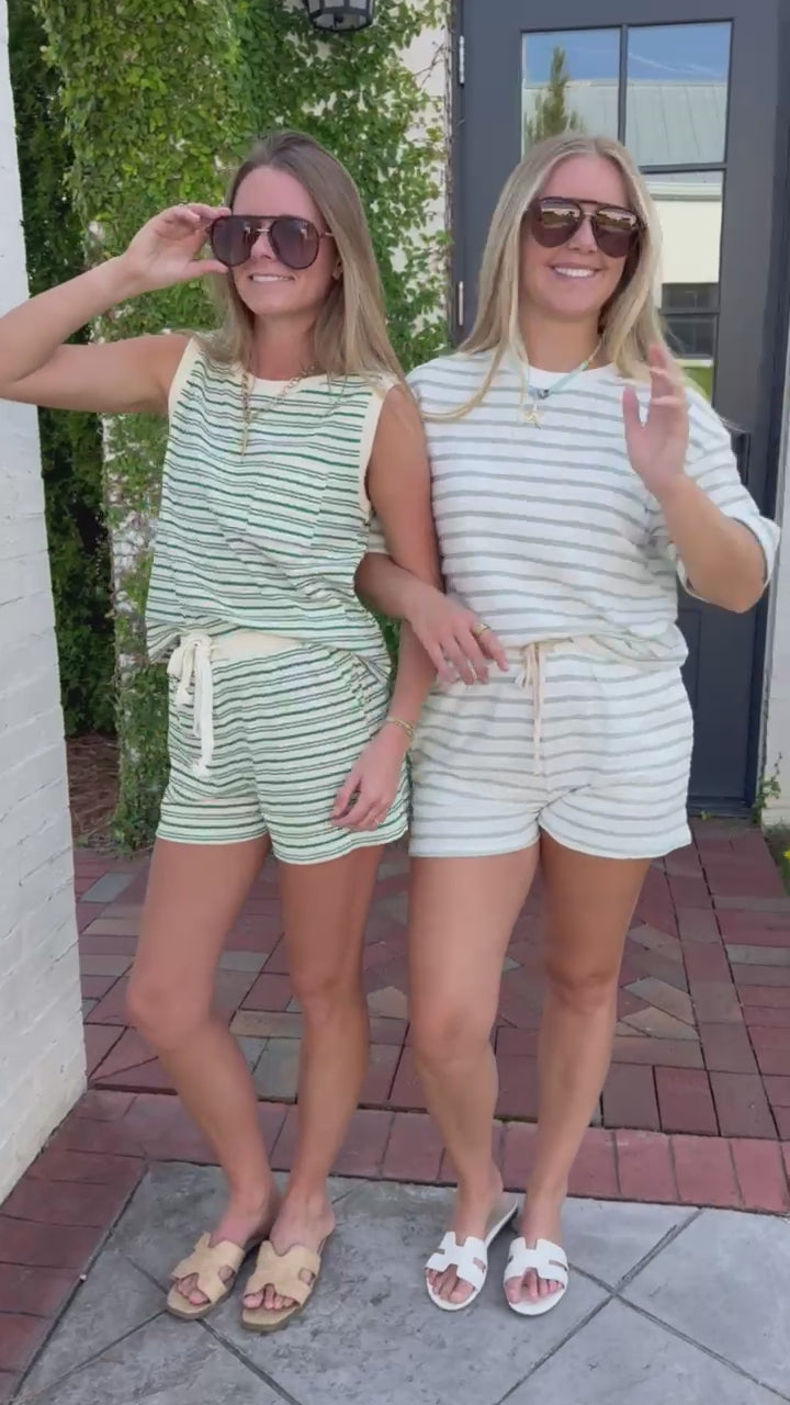 Casual green stripe two-piece set with sleeveless top and comfy drawstring shorts