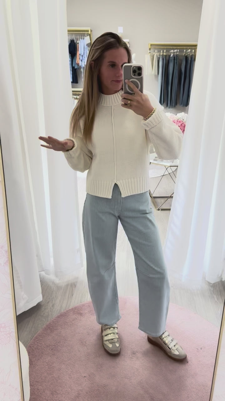 High Rise Coastal Stripe Barrel Leg Jeans – Light Blue Denim