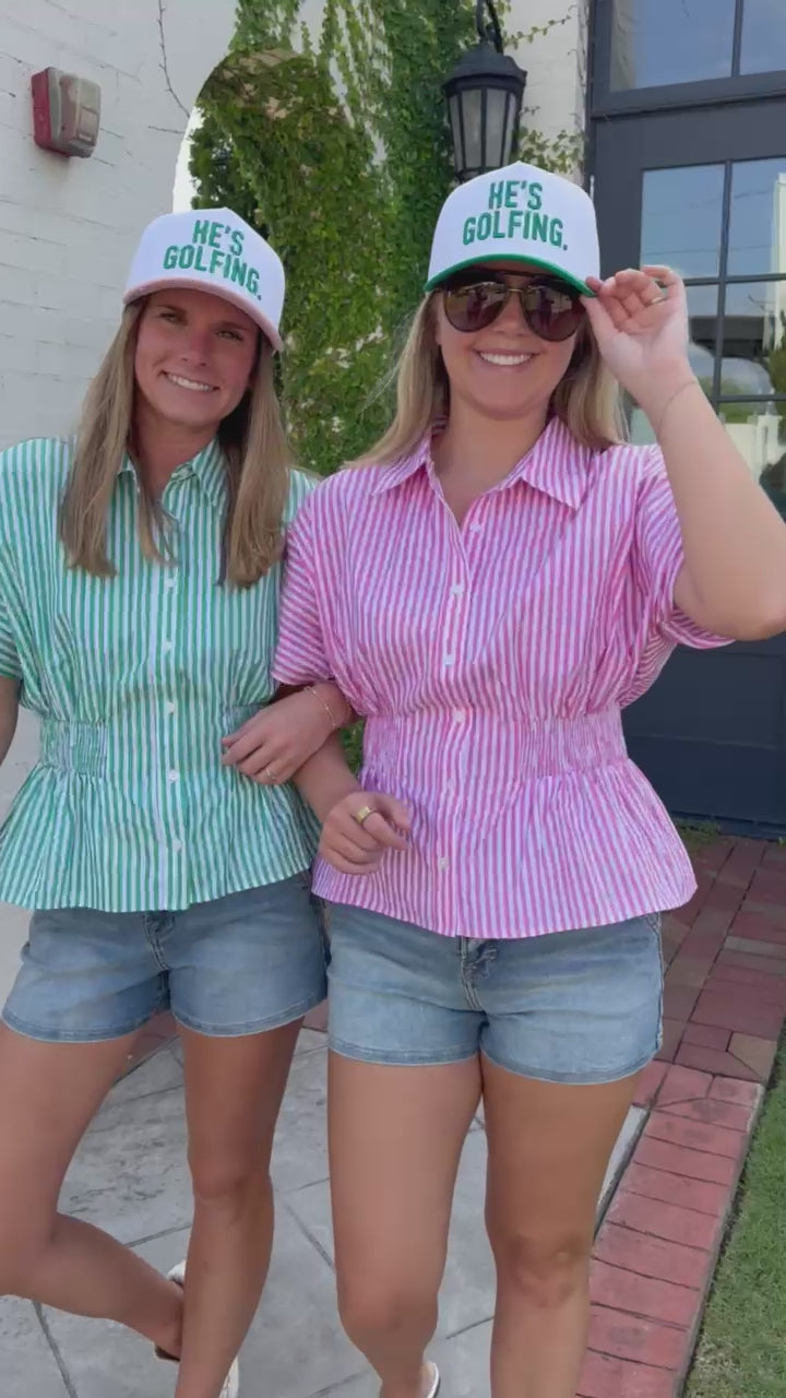 Women’s summer blouse with vertical pink stripes, collar detail, and relaxed fit