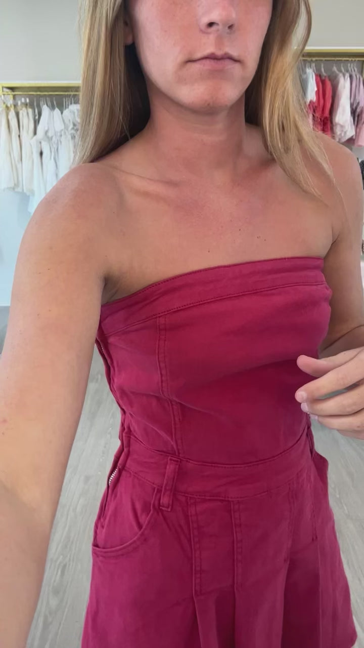 Strapless Denim Romper Dress With Pleats Detail - Crimson