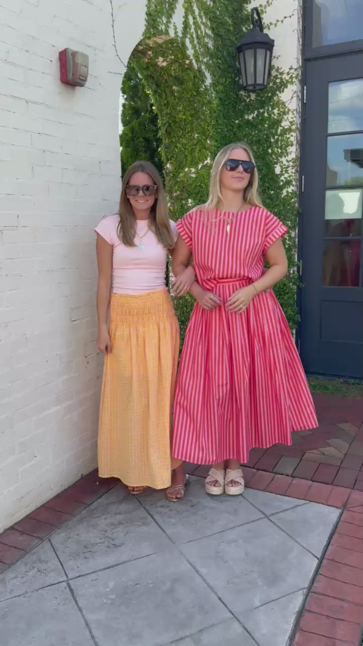 Bright coral striped set with cap sleeve blouse and full midi skirt