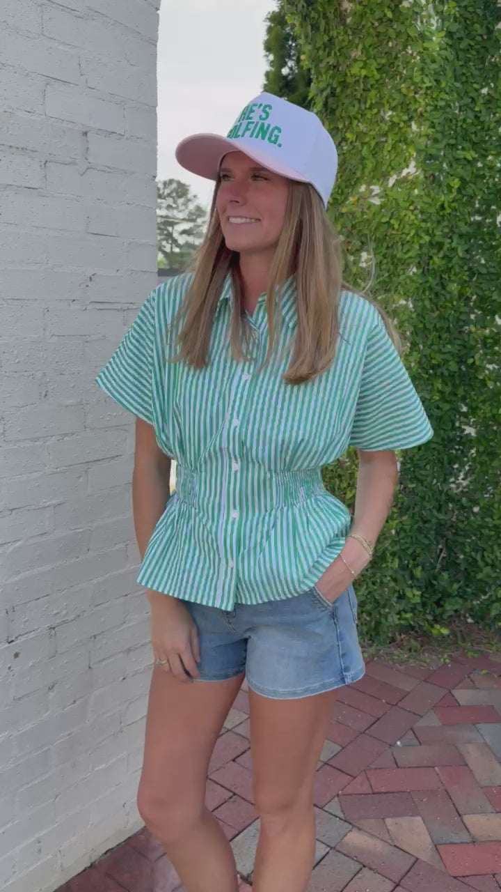 Casual green and white striped shirt with button front and lightweight summer fabric