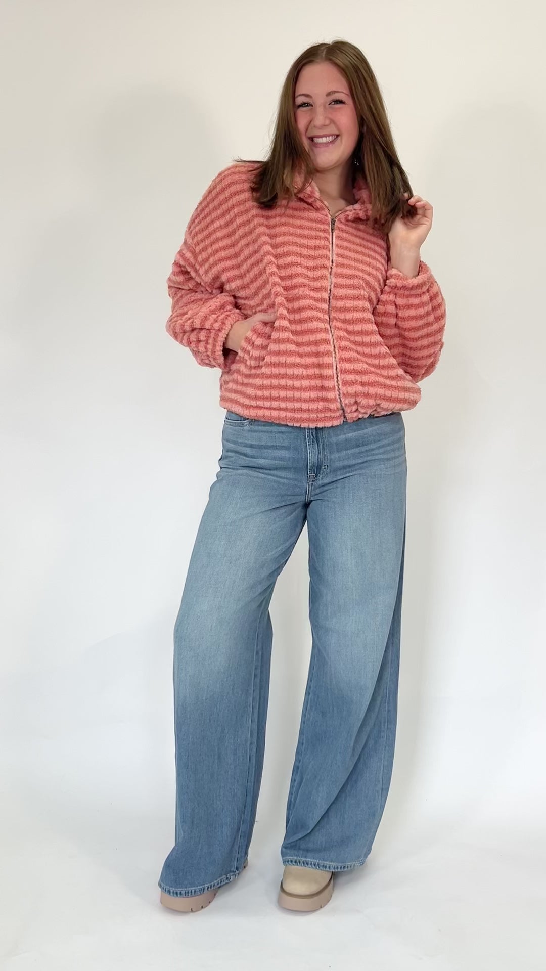 Casual coral striped cozy jacket with full zip front and comfortable relaxed fit