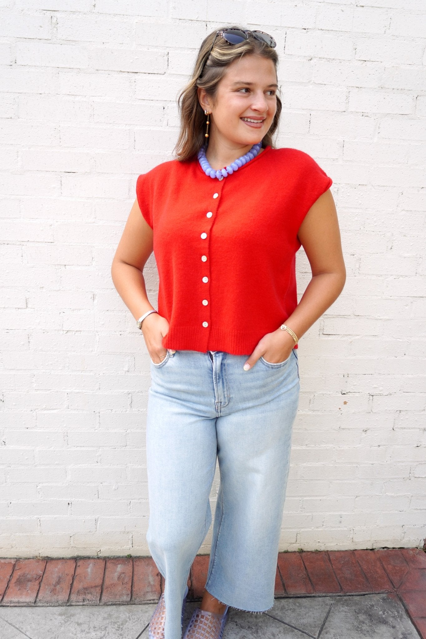 Red Button Front Sweater Vest - Anderson Ave boutique