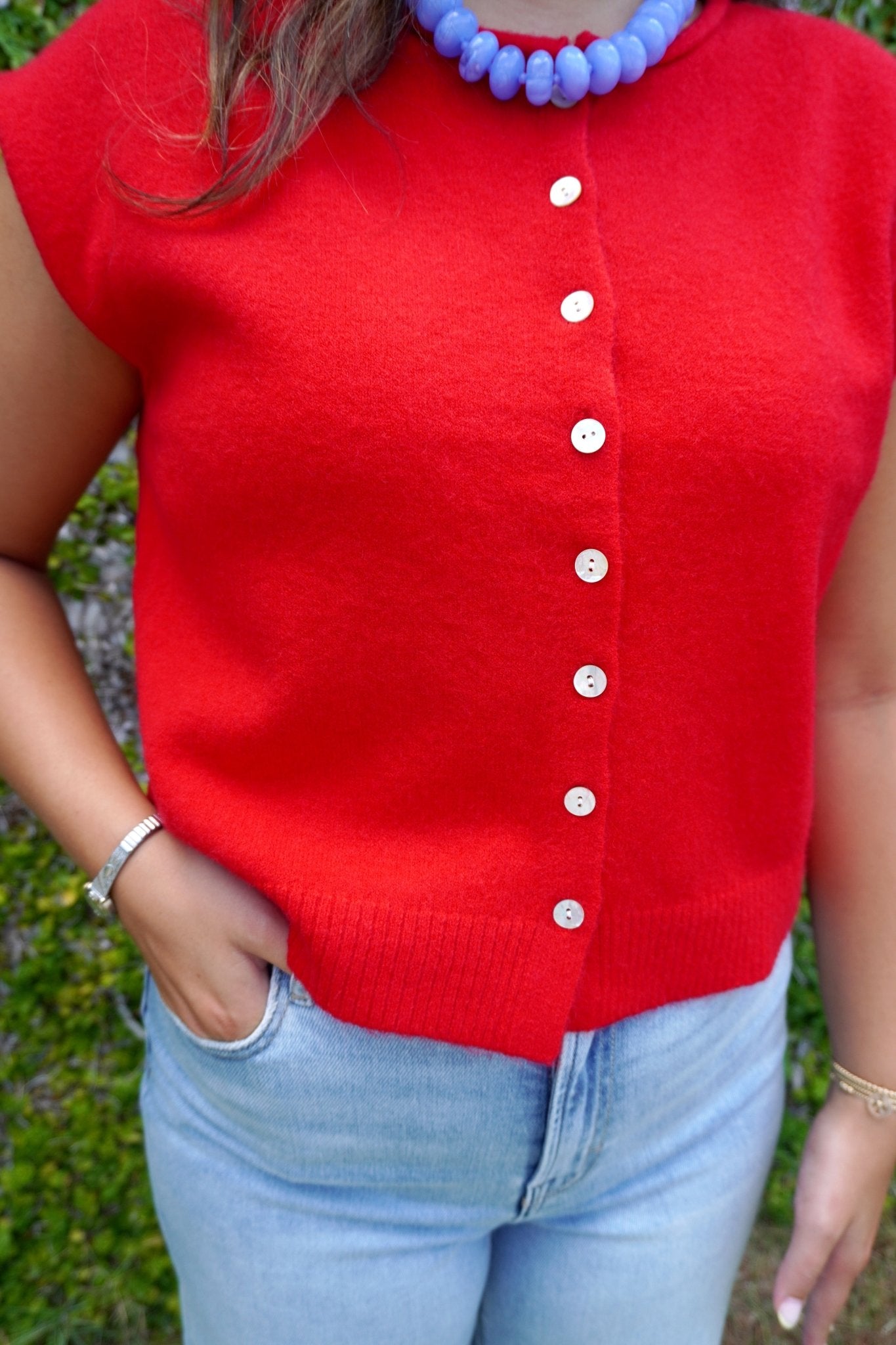 Red Button Front Sweater Vest - Anderson Ave boutique