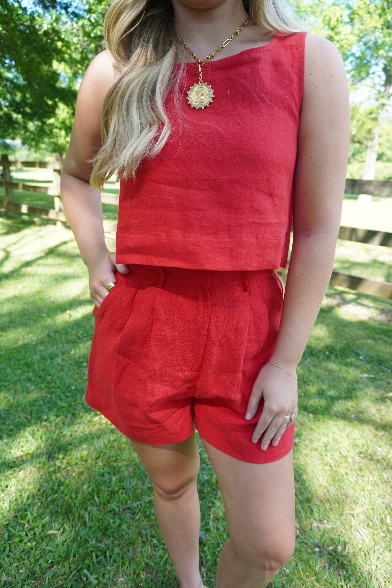 Red Linen Pocket Shorts - Anderson Ave boutique