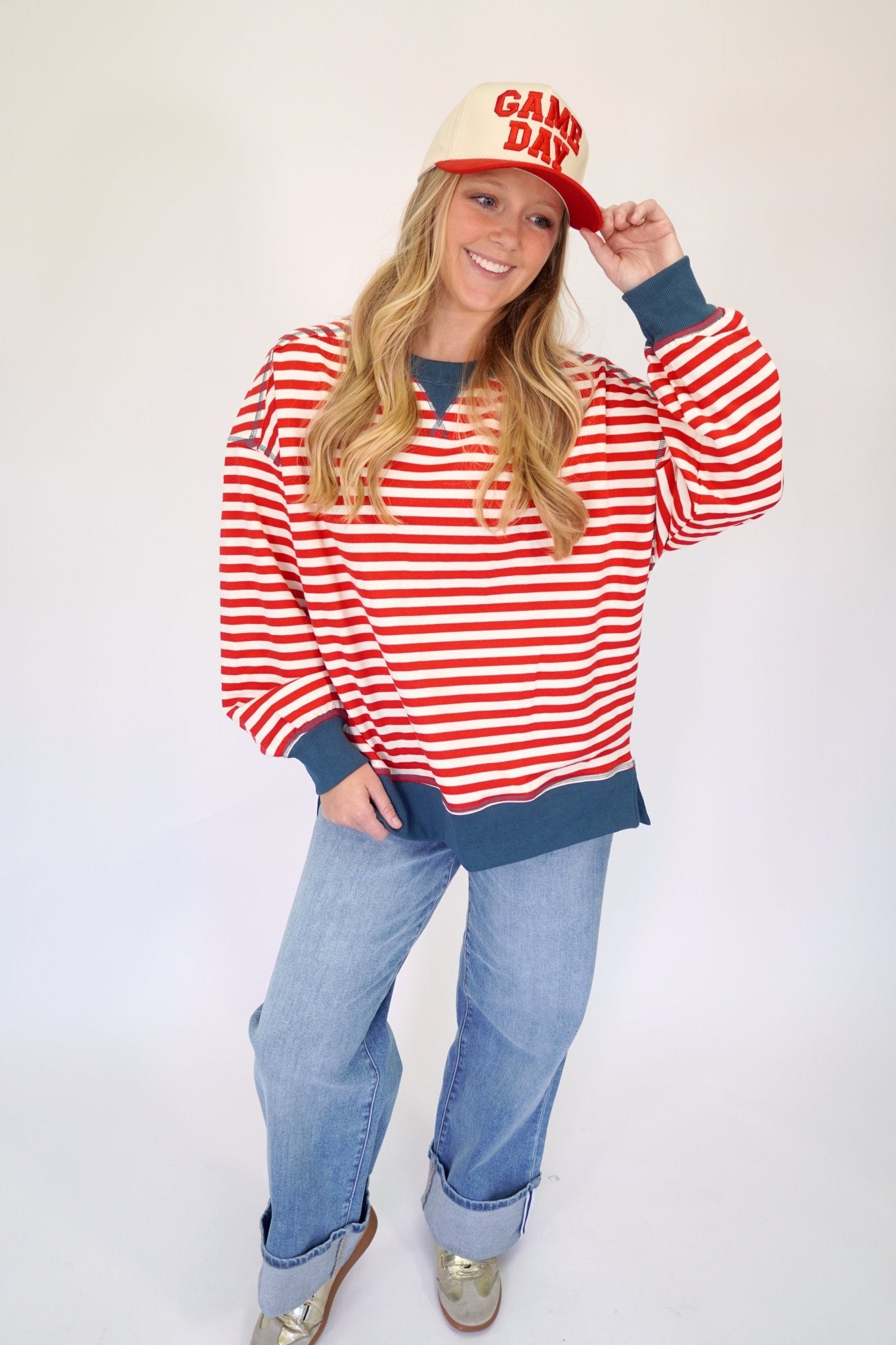 Riley Red and White Stripe Crewneck Pullover Top - Anderson Ave boutique