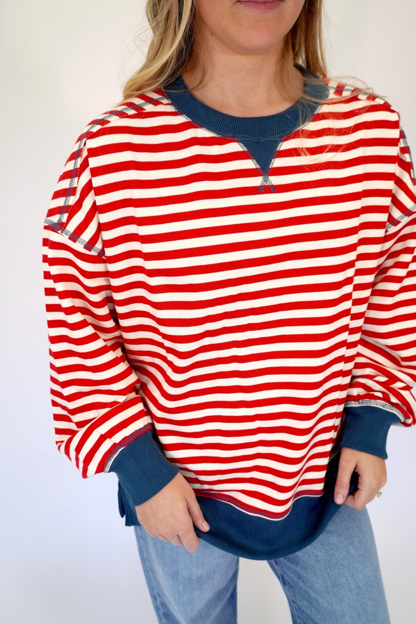 Riley Red and White Stripe Crewneck Pullover Top - Anderson Ave boutique