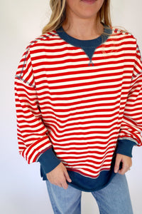 Riley Red and White Stripe Crewneck Pullover Top - Anderson Ave boutique