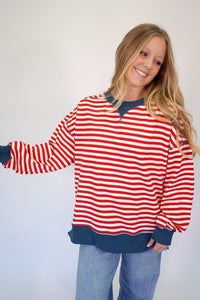 Riley Red and White Stripe Crewneck Pullover Top - Anderson Ave boutique