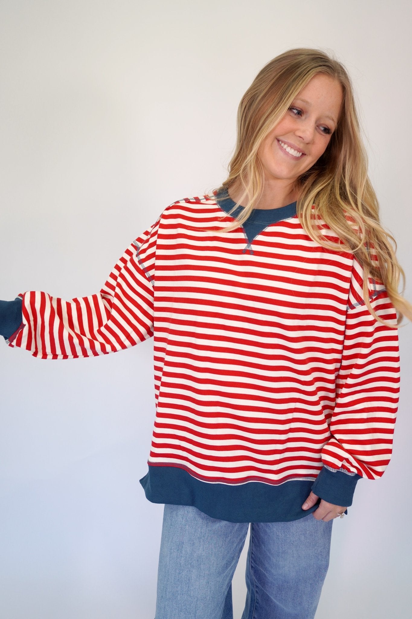 Riley Red and White Stripe Crewneck Pullover Top - Anderson Ave boutique