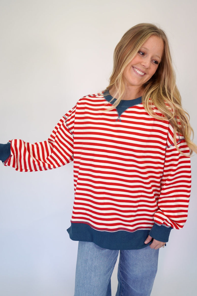 Riley Red and White Stripe Crewneck Pullover Top - Anderson Ave boutique