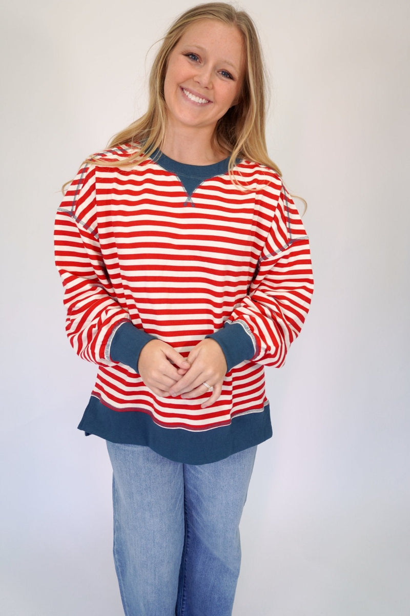 Riley Red and White Stripe Crewneck Pullover Top - Anderson Ave boutique