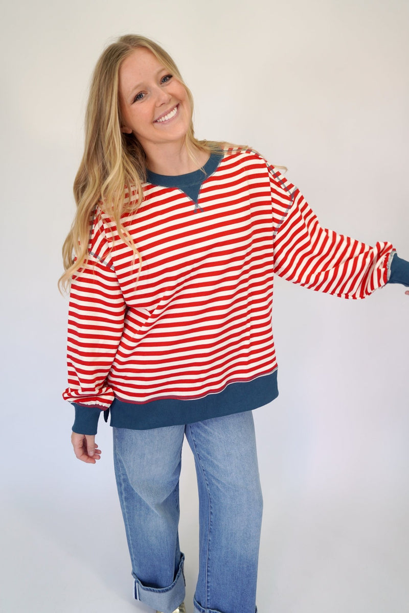 Riley Red and White Stripe Crewneck Pullover Top - Anderson Ave boutique