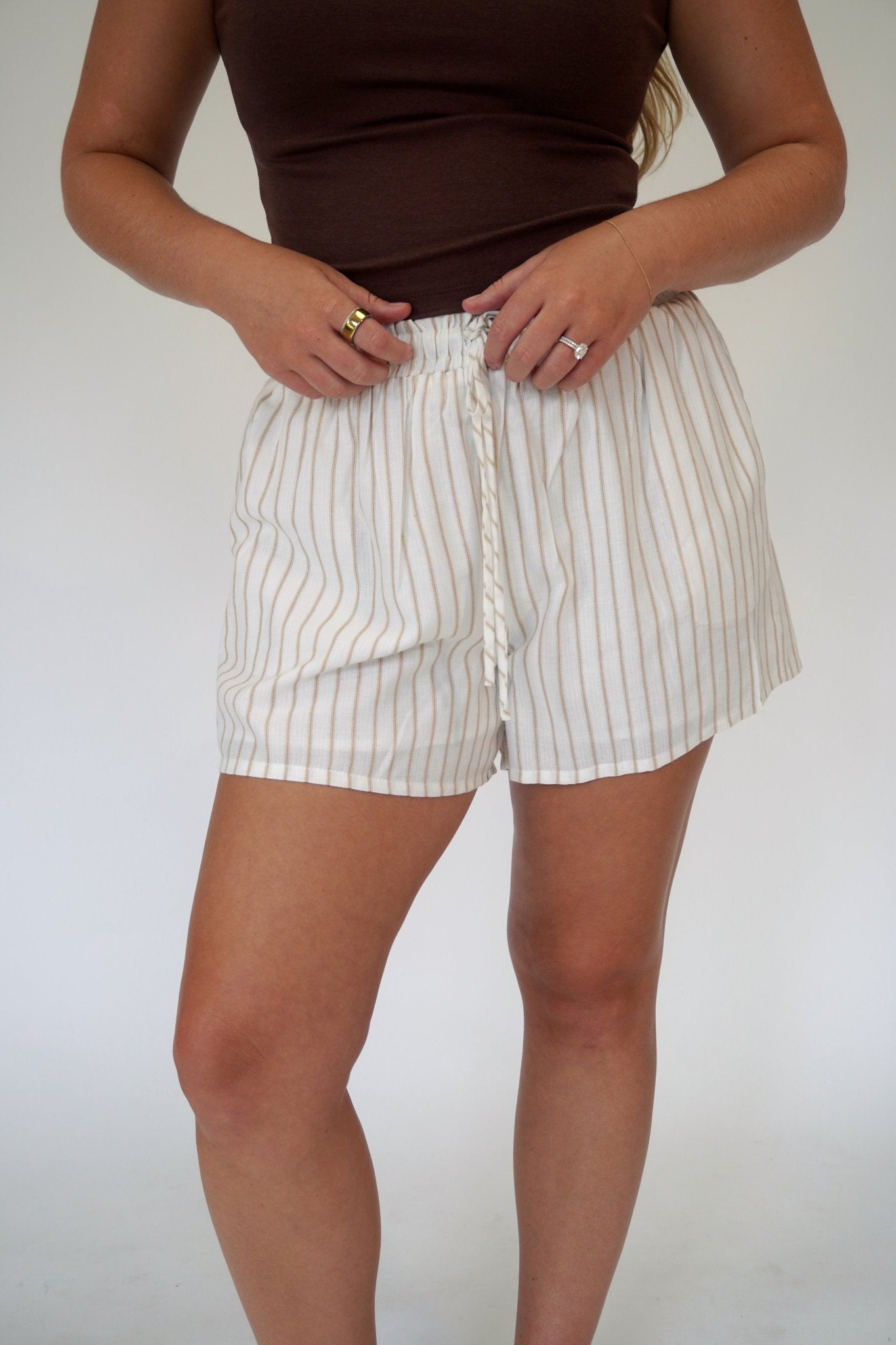 Riviera Taupe High - Rise Striped Drawstring Shorts - Anderson Ave boutique
