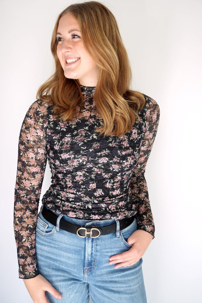 Rosalie Sheer Floral Mock Neck Long Sleeve Top - Anderson Ave boutique
