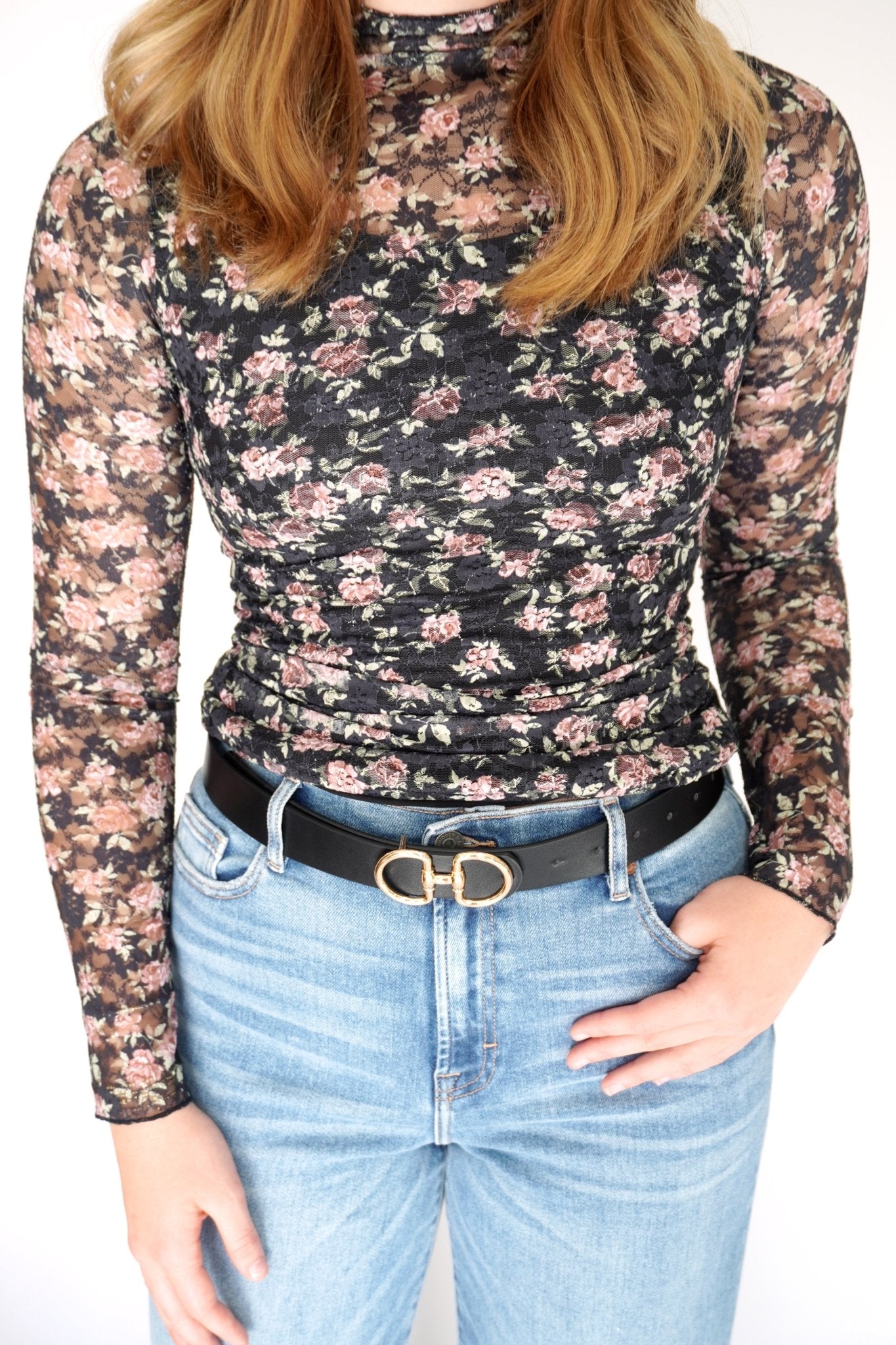 Rosalie Sheer Floral Mock Neck Long Sleeve Top - Anderson Ave boutique