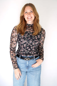Rosalie Sheer Floral Mock Neck Long Sleeve Top - Anderson Ave boutique