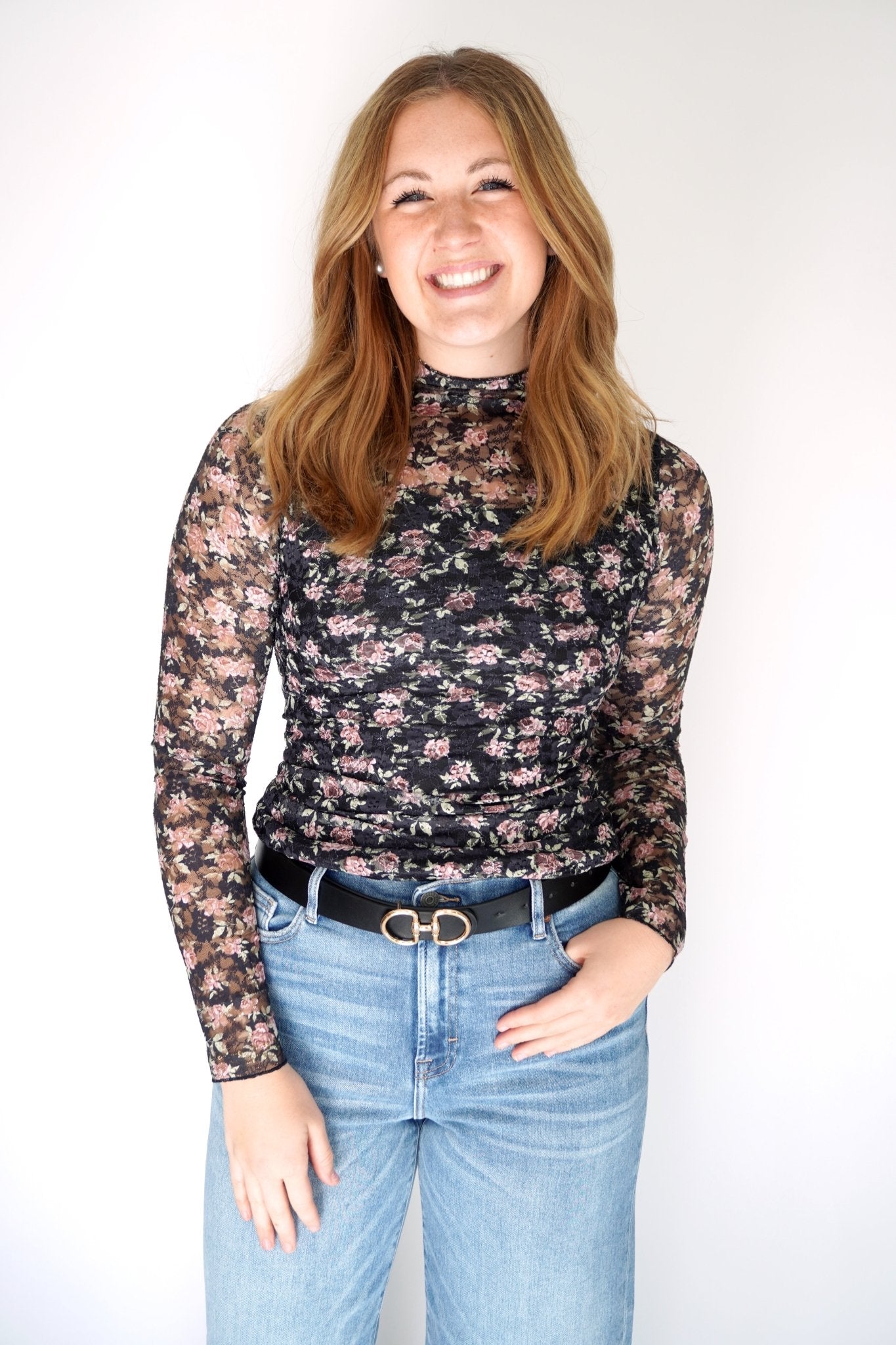 Rosalie Sheer Floral Mock Neck Long Sleeve Top - Anderson Ave boutique