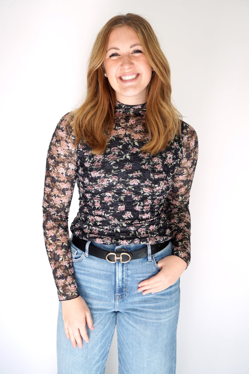 Rosalie Sheer Floral Mock Neck Long Sleeve Top - Anderson Ave boutique