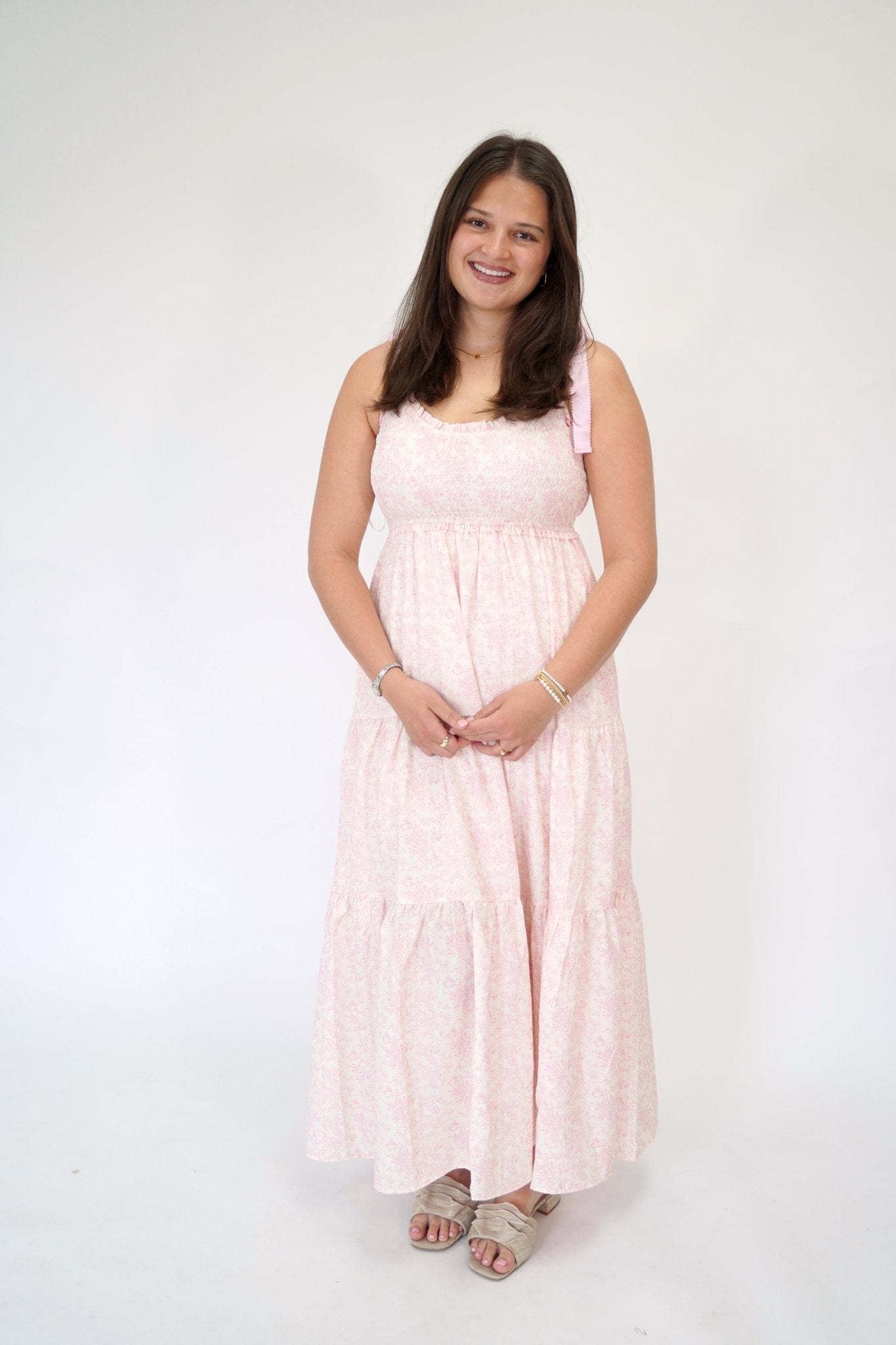 Rosalind Pink Floral Tiered Maxi Dress – Empire Waist & Ribbon Straps - Anderson Ave boutique