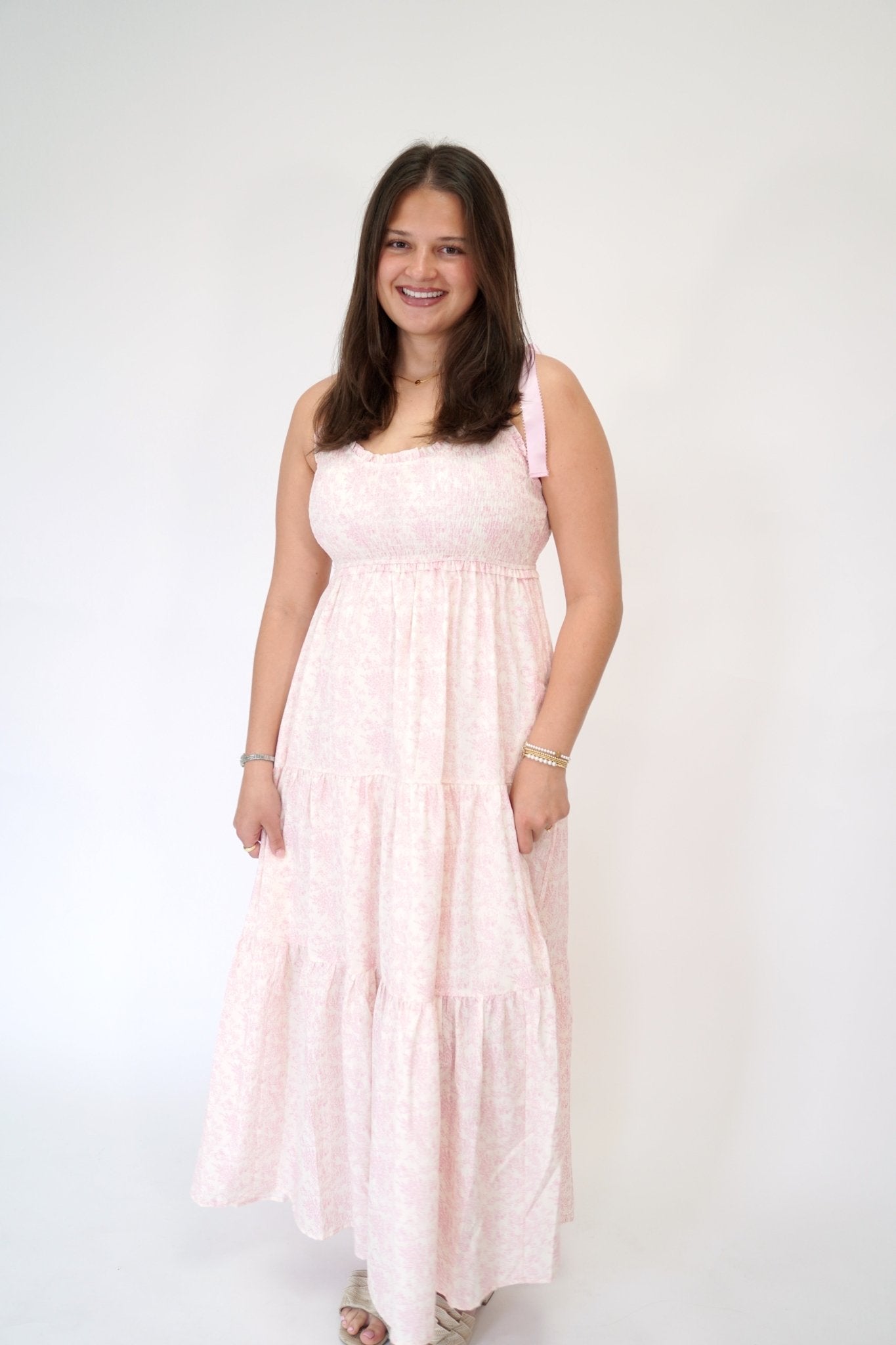 Rosalind Pink Floral Tiered Maxi Dress – Empire Waist & Ribbon Straps - Anderson Ave boutique