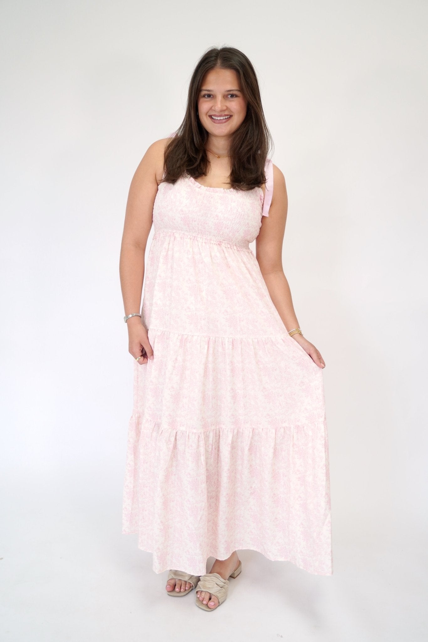 Rosalind Pink Floral Tiered Maxi Dress – Empire Waist & Ribbon Straps - Anderson Ave boutique