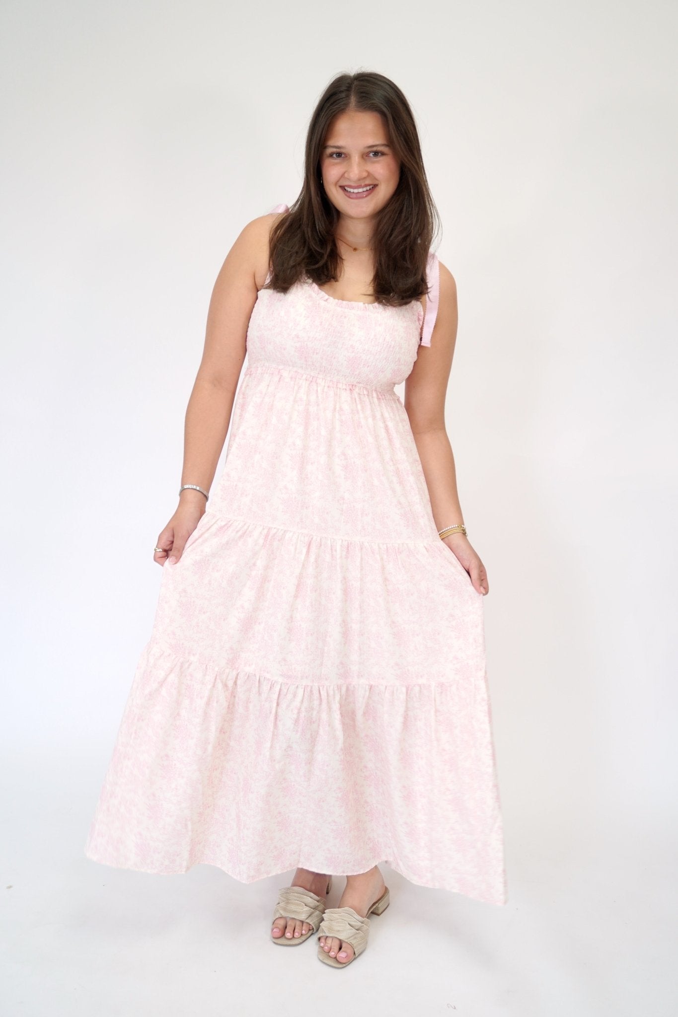 Rosalind Pink Floral Tiered Maxi Dress – Empire Waist & Ribbon Straps - Anderson Ave boutique