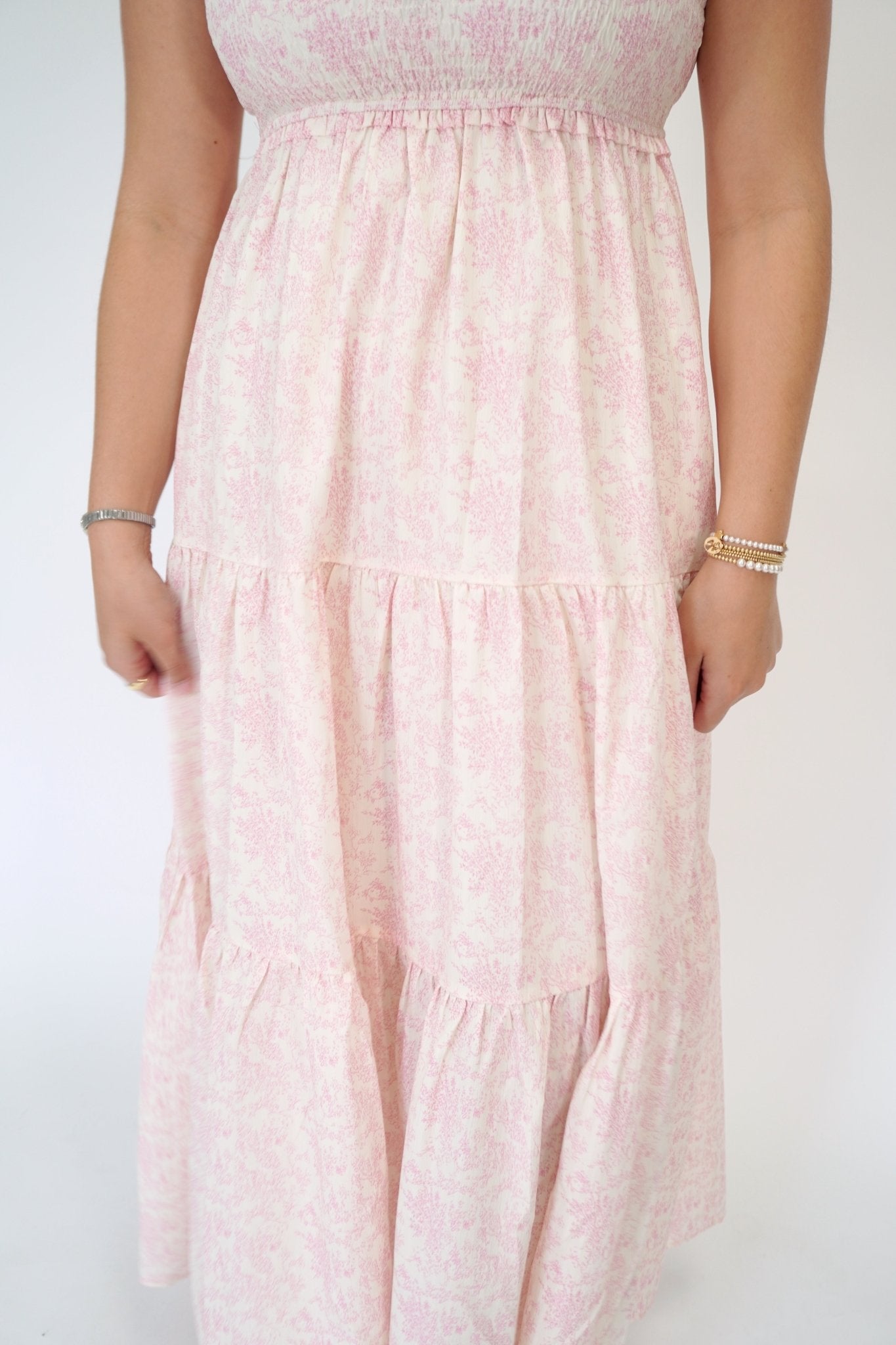 Rosalind Pink Floral Tiered Maxi Dress – Empire Waist & Ribbon Straps - Anderson Ave boutique