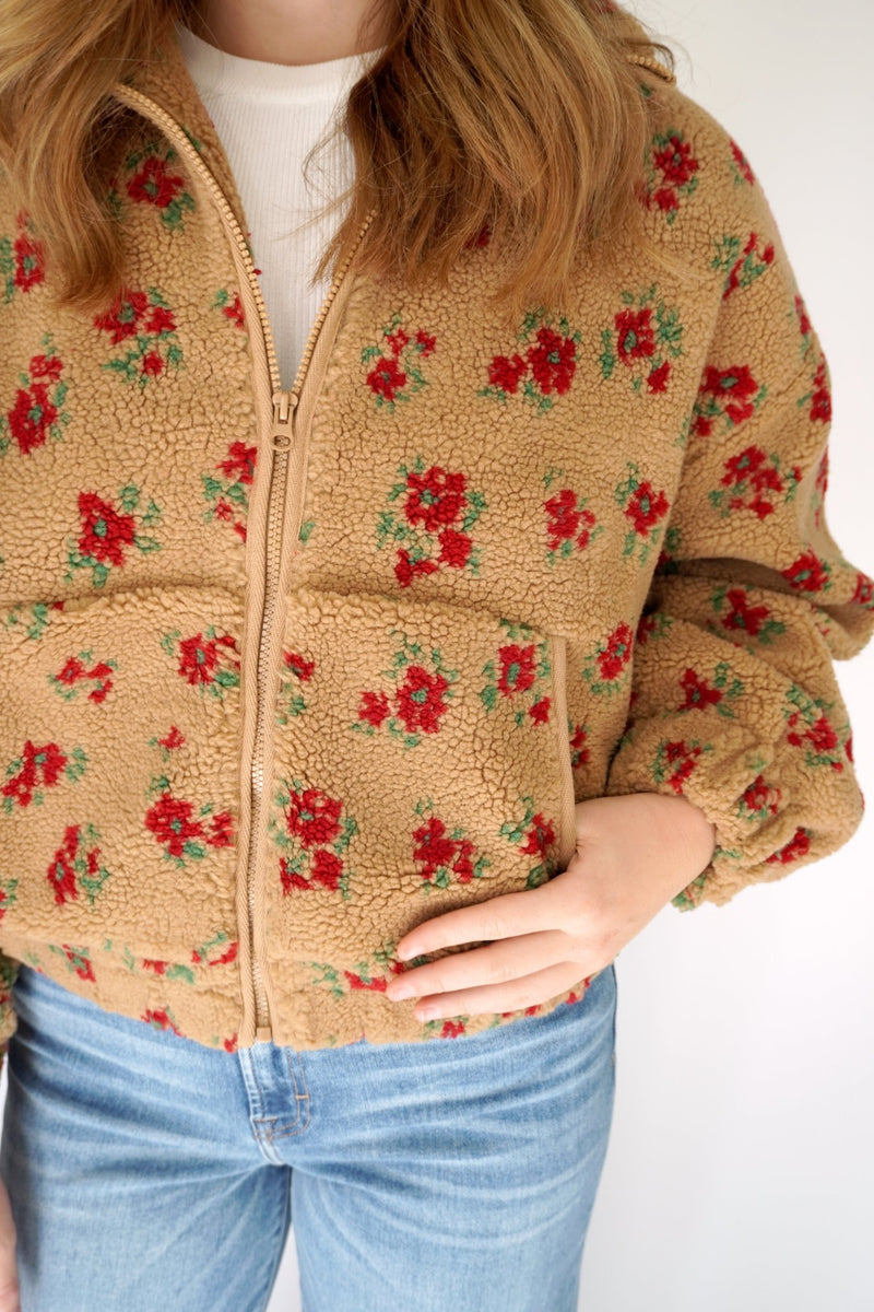 Rosie Floral Sherpa Zip - Up Jacket – Tan & Red - Anderson Ave boutique