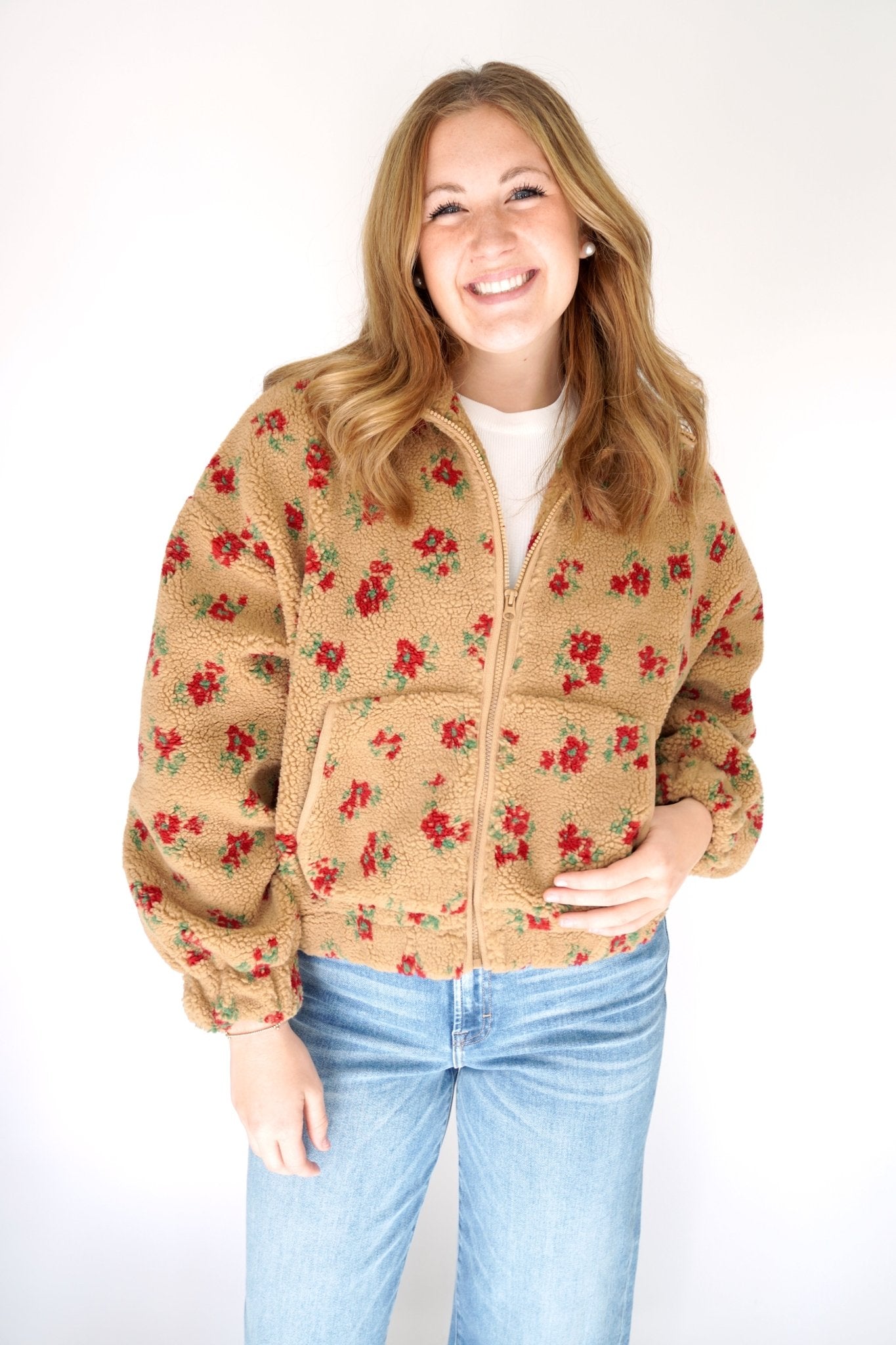 Rosie Floral Sherpa Zip - Up Jacket – Tan & Red - Anderson Ave boutique