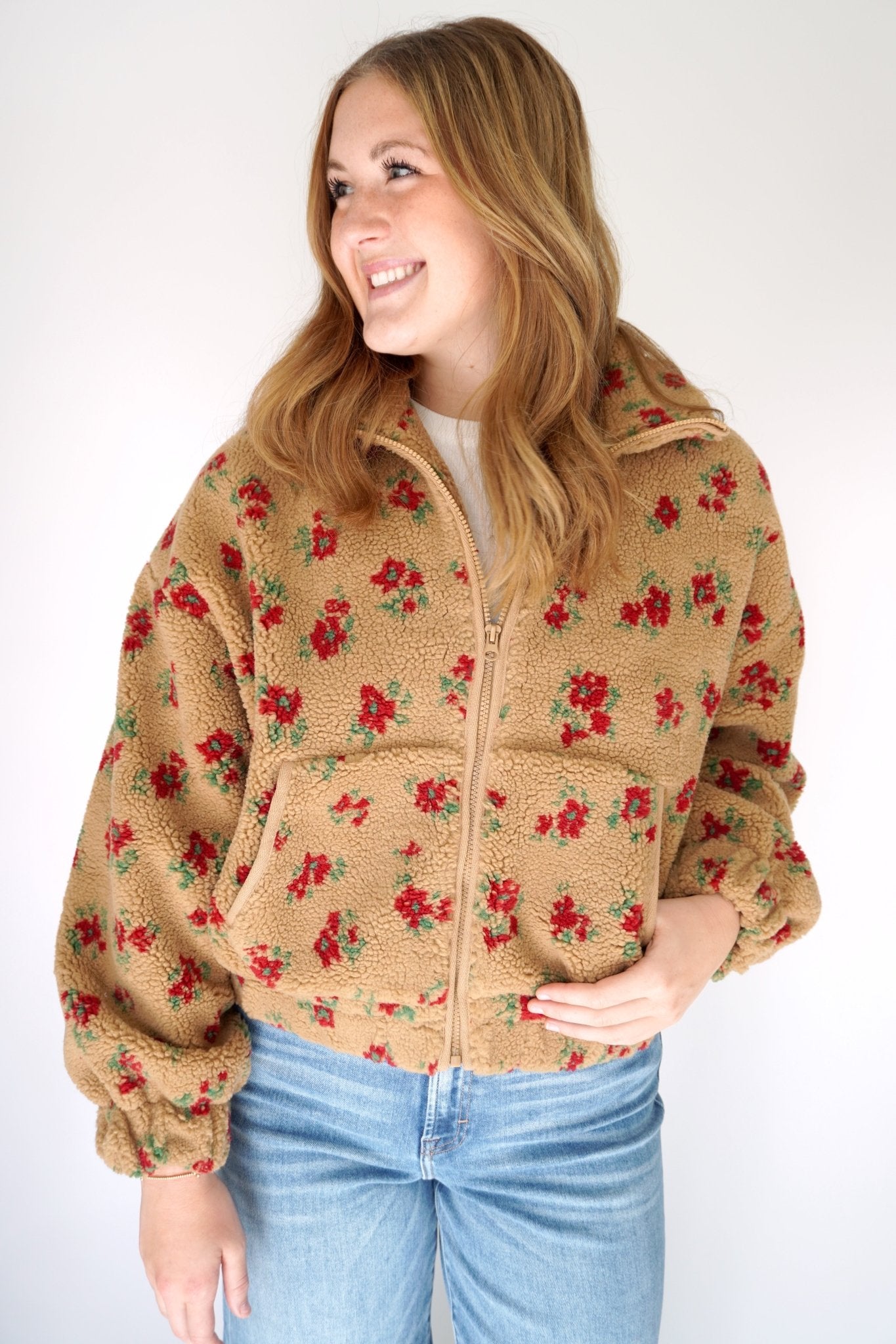 Rosie Floral Sherpa Zip - Up Jacket – Tan & Red - Anderson Ave boutique