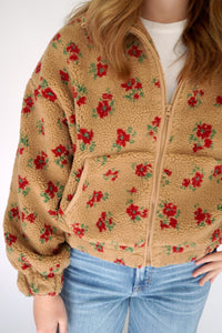 Rosie Floral Sherpa Zip - Up Jacket – Tan & Red - Anderson Ave boutique