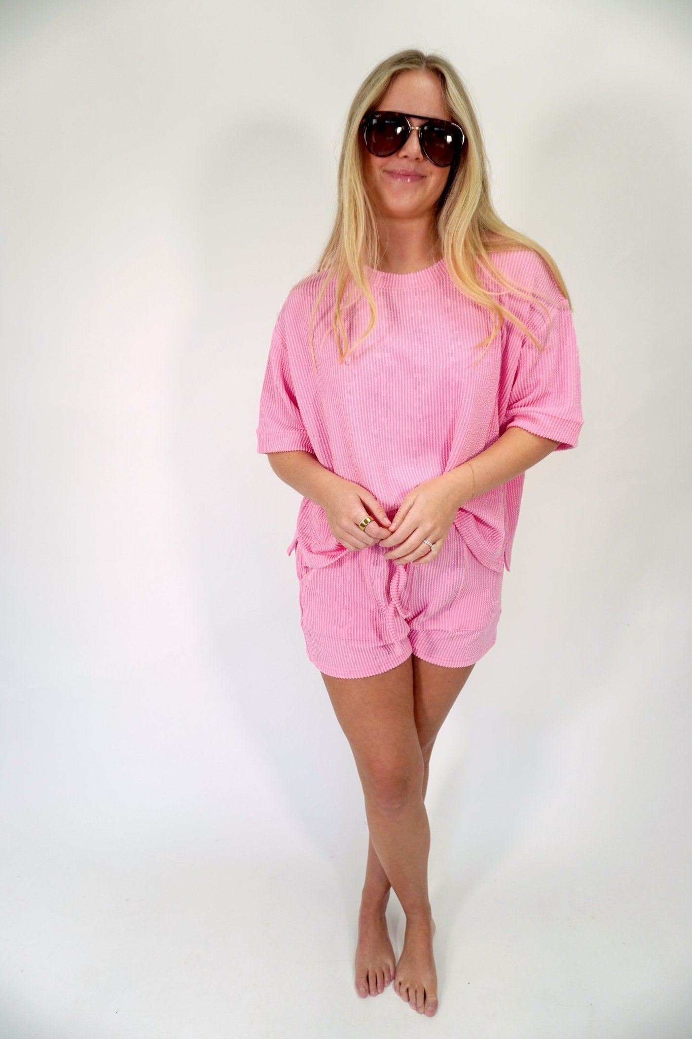Rosie Ribbed Oversized Tee & Shorts Lounge Set – Bubblegum Pink - Anderson Ave boutique