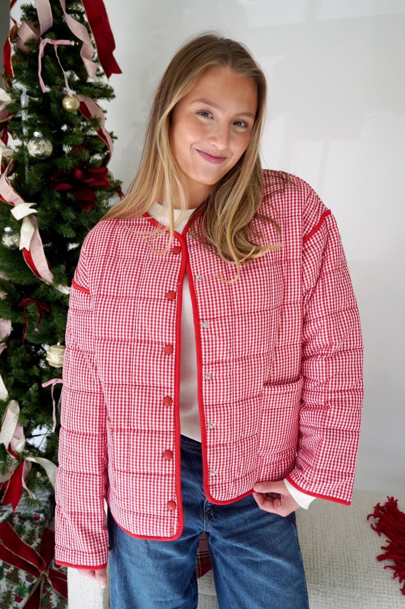 Ruby Gingham Quilted Puff Jacket with Pockets – Red - Anderson Ave boutique