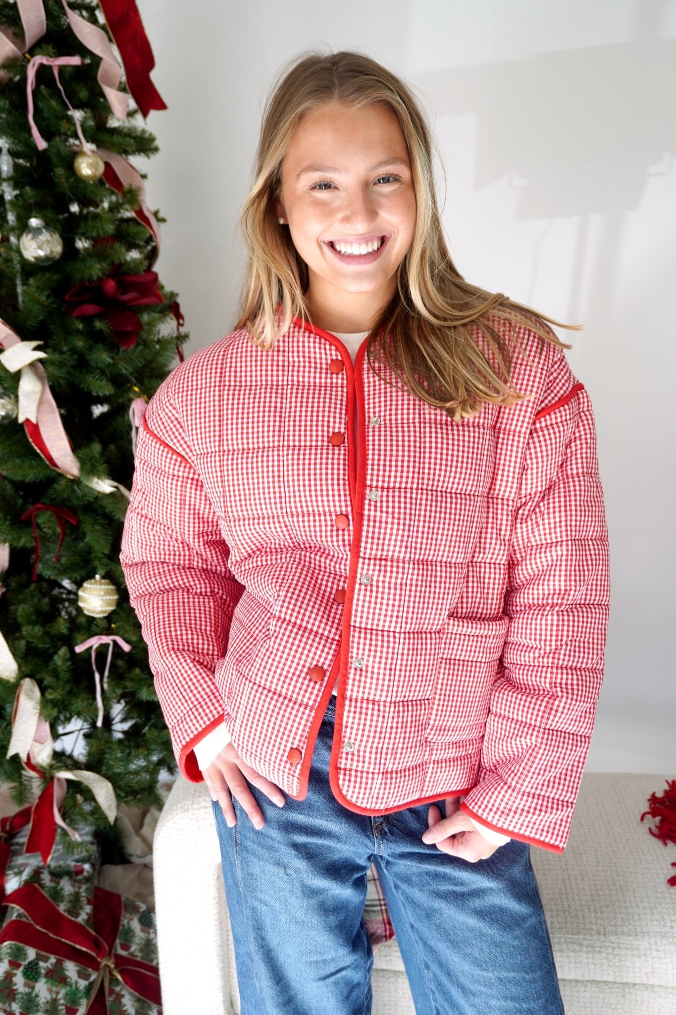 Ruby Gingham Quilted Puff Jacket with Pockets – Red - Anderson Ave boutique