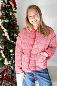 Ruby Gingham Quilted Puff Jacket with Pockets – Red - Anderson Ave boutique