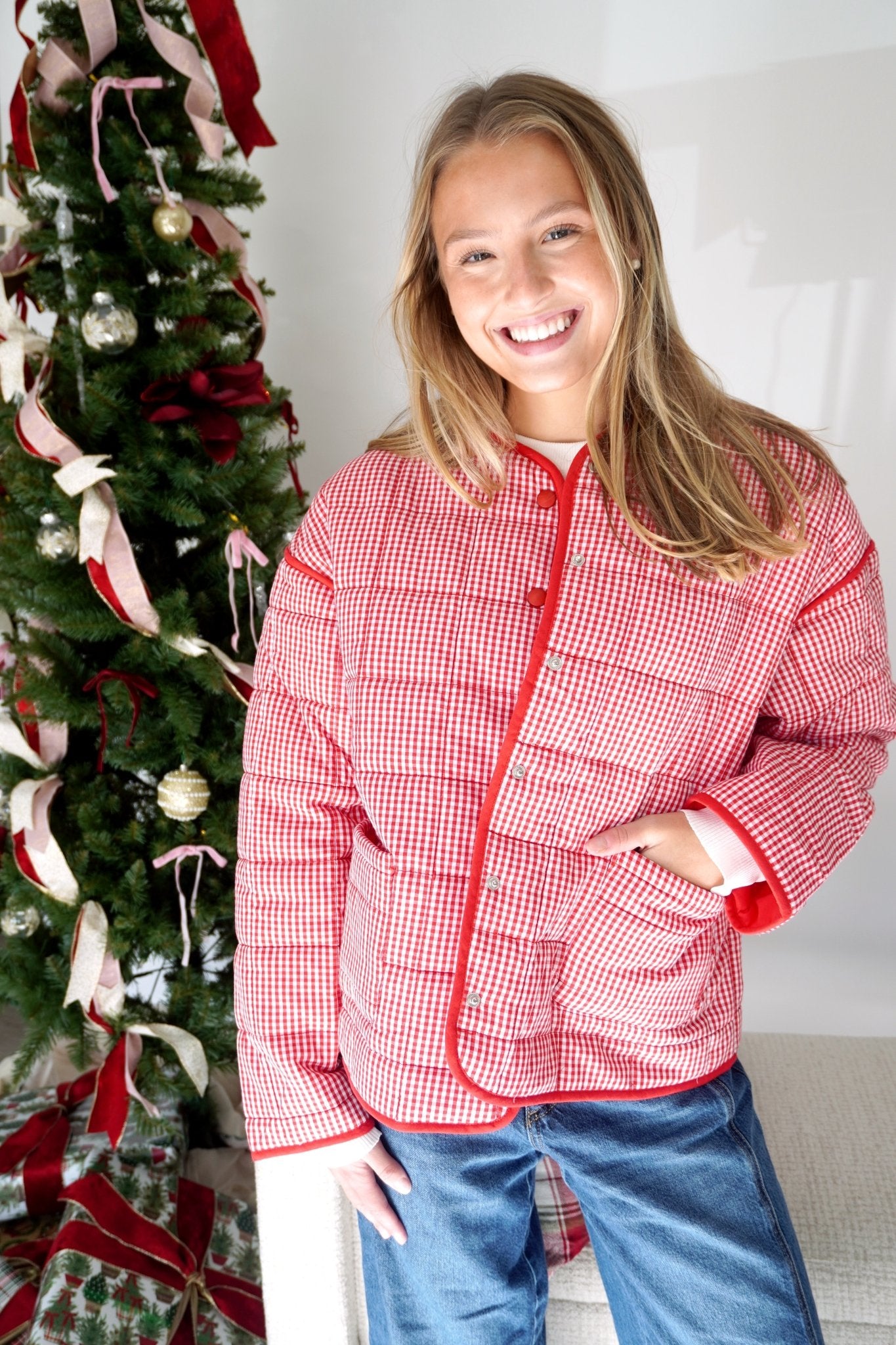 Ruby Gingham Quilted Puff Jacket with Pockets – Red - Anderson Ave boutique