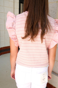 Ruffle Sleeve Knit Top – Pink Striped - Anderson Ave boutique