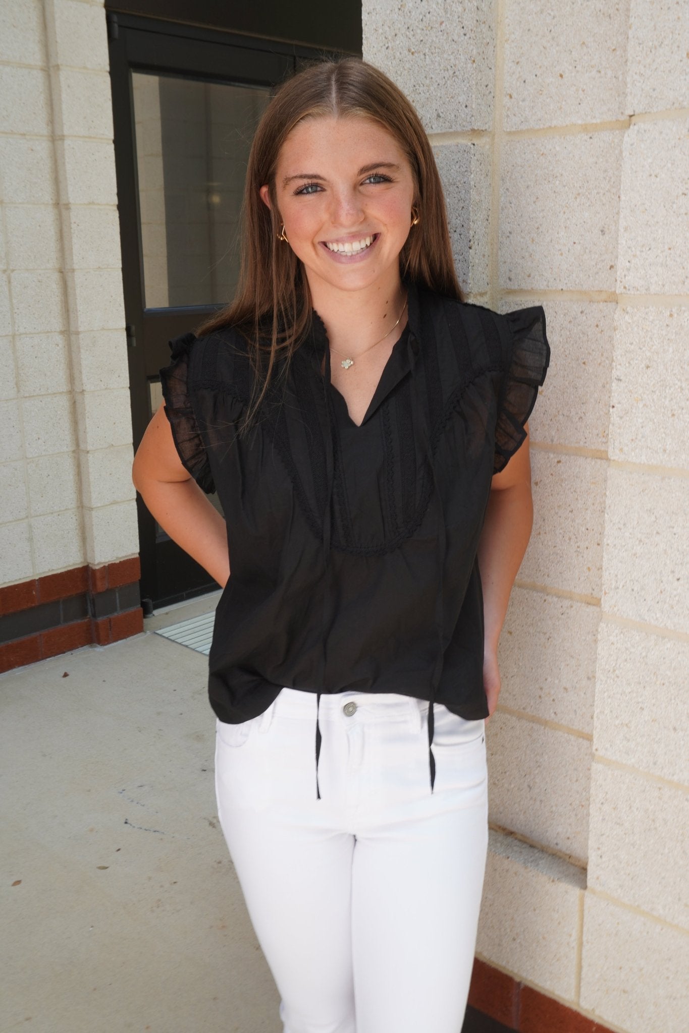 Ruffle Tie - Neck Blouse - Black - Anderson Ave boutique