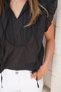 Ruffle Tie - Neck Blouse - Black - Anderson Ave boutique