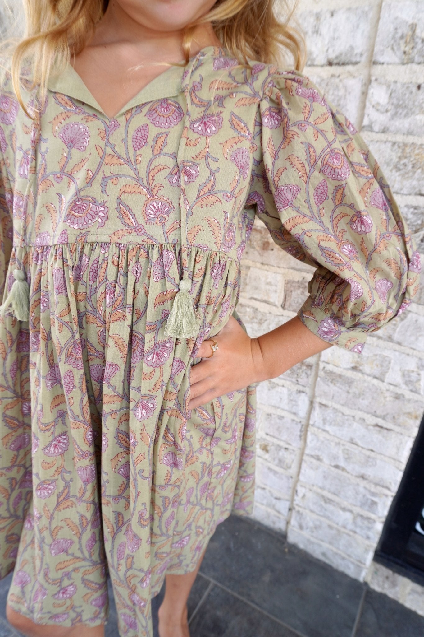 Sage & Mauve Floral Puff Sleeve Tassel Tie Tween Dress – Fall Boutique Style - Anderson Ave boutique