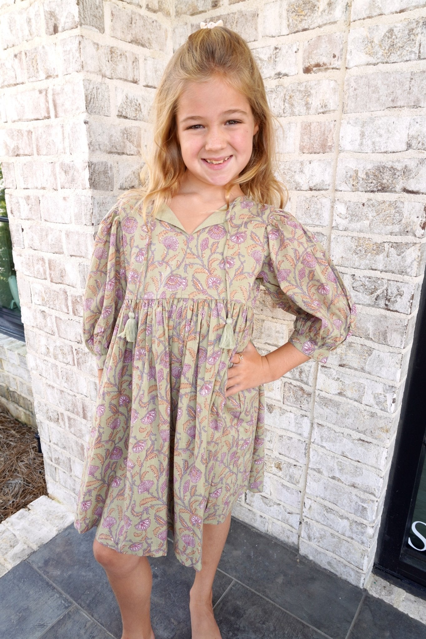 Sage & Mauve Floral Puff Sleeve Tassel Tie Tween Dress – Fall Boutique Style - Anderson Ave boutique