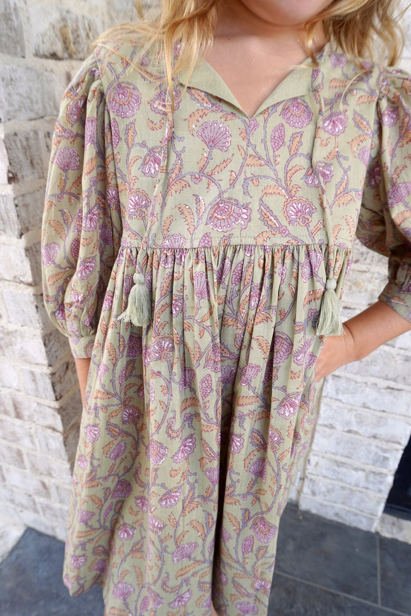 Sage & Mauve Floral Puff Sleeve Tassel Tie Tween Dress – Fall Boutique Style - Anderson Ave boutique