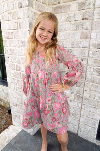 Sage & Pink Floral Long Sleeve Button - Front Tiered Tween Dress – Fall Boutique Style - Anderson Ave boutique