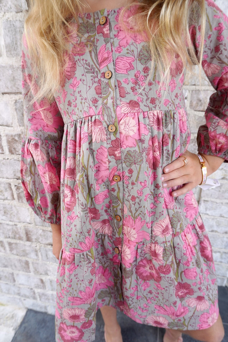 Sage & Pink Floral Long Sleeve Button - Front Tiered Tween Dress – Fall Boutique Style - Anderson Ave boutique