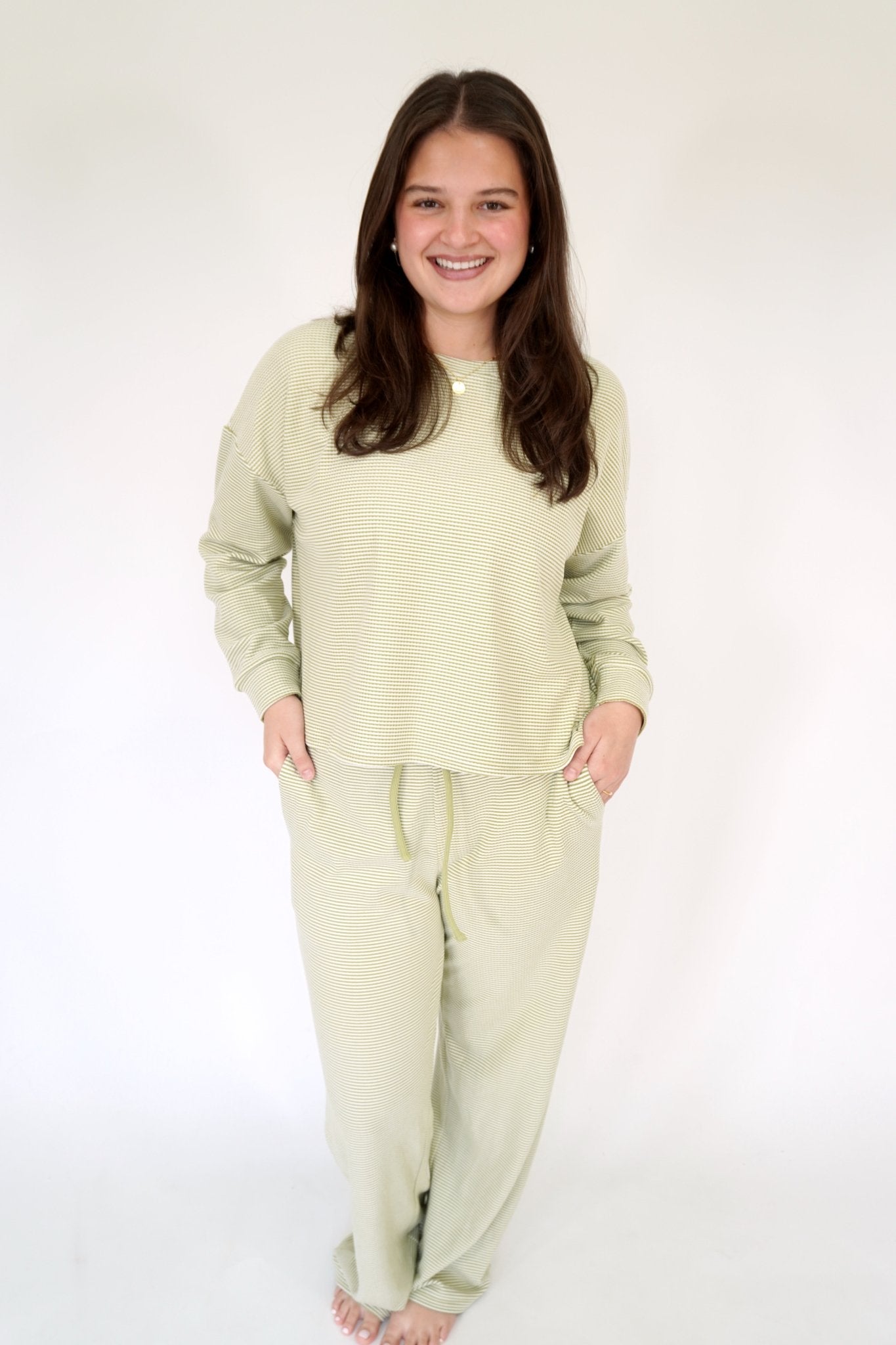 Sage & White Striped Cozy Top - Anderson Ave boutique