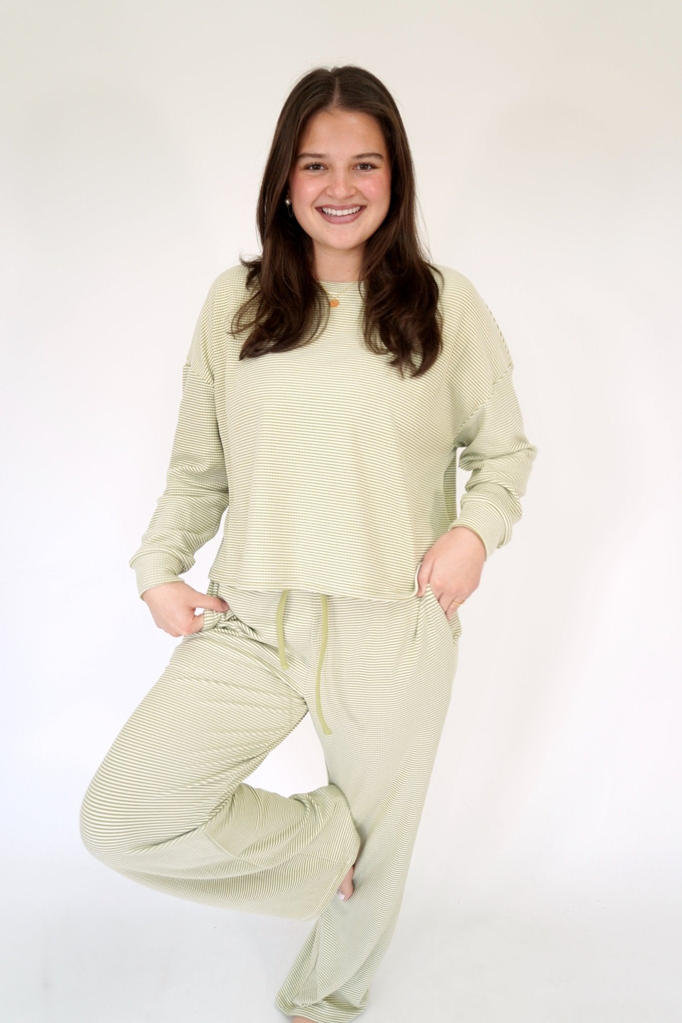 Sage & White Striped Cozy Top - Anderson Ave boutique