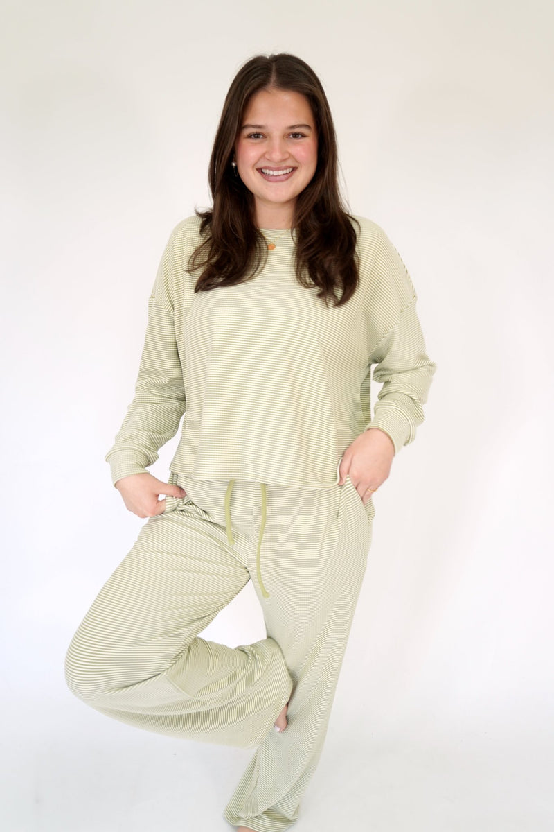 Sage & White Striped Cozy Top - Anderson Ave boutique